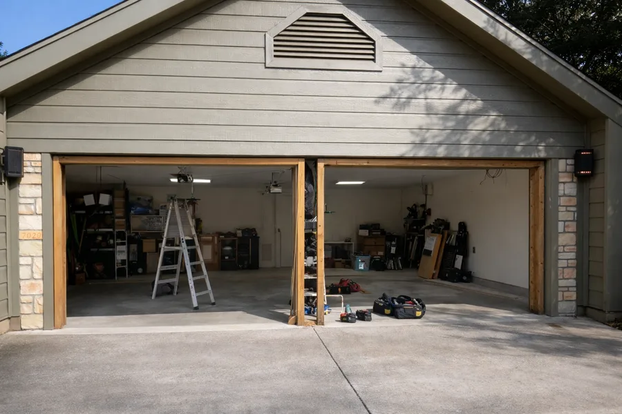 Two-to-one garage door conversion in progress with the doors open during the work