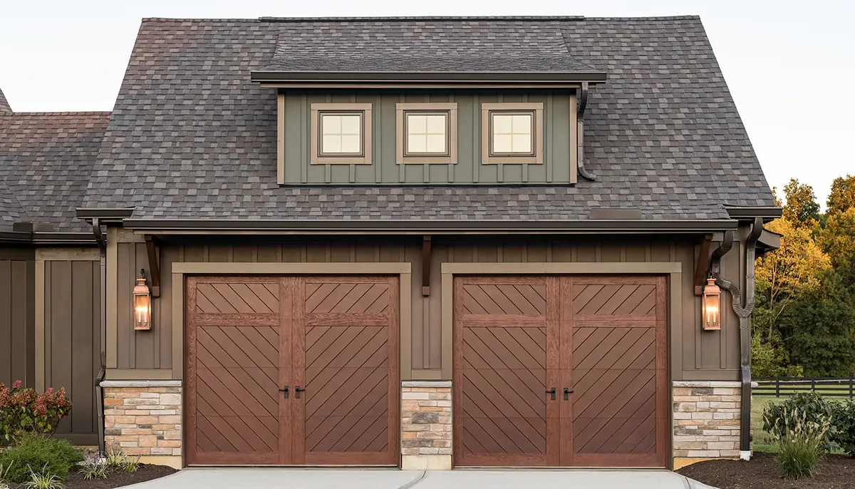 Custom wood garage doors on a premium home