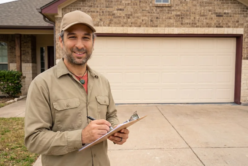 Edge Garage Doors technician consulting with a homeowner about garage door service